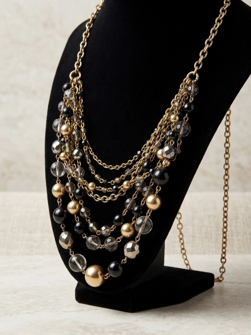 Lia Sophia Multi-Strand Black and Clear Beaded Gold-Tone Statement Necklace